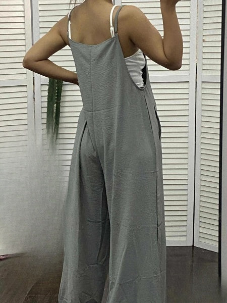 Women's Plain Sleeveless Summer Jumpsuit with Wide Legs and Pockets | Ideal for Spring/Summer