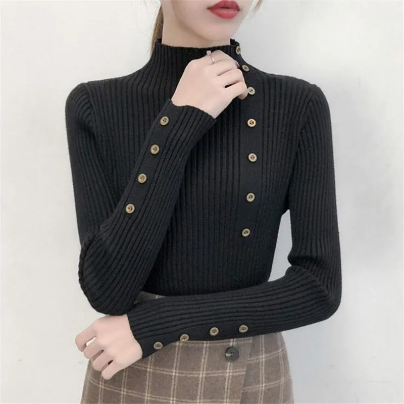 Jersey de cuello alto ajustado de punto elástico para mujer con botones | Ideal para otoño/invierno