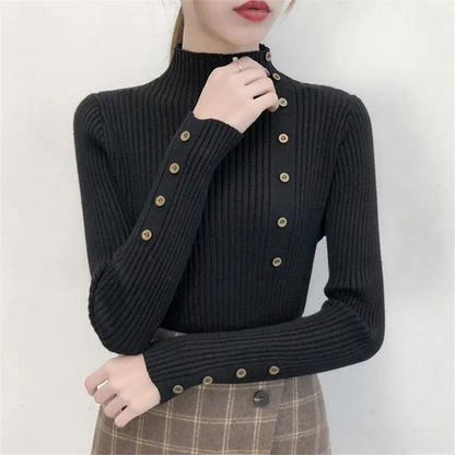Jersey de cuello alto ajustado de punto elástico para mujer con botones | Ideal para otoño/invierno