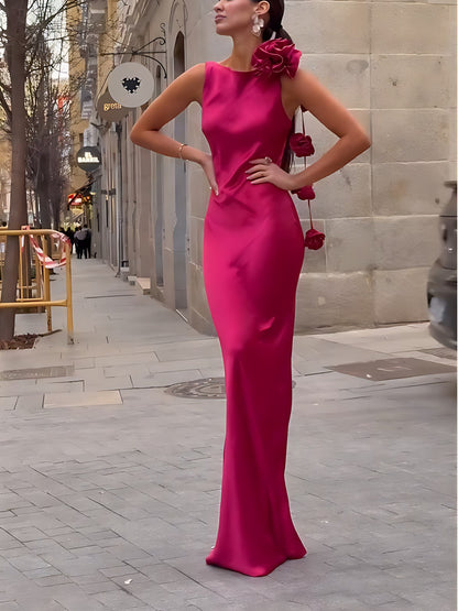 Formentera Flower Satin Ribbon Maxi Dress