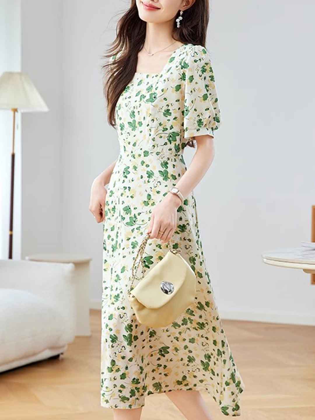 Isabelle Classic Square Neck Floral Chiffon Dress