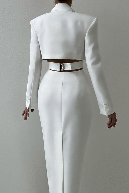 Statement Deep V Metal-Detail Blazer Midi Dress