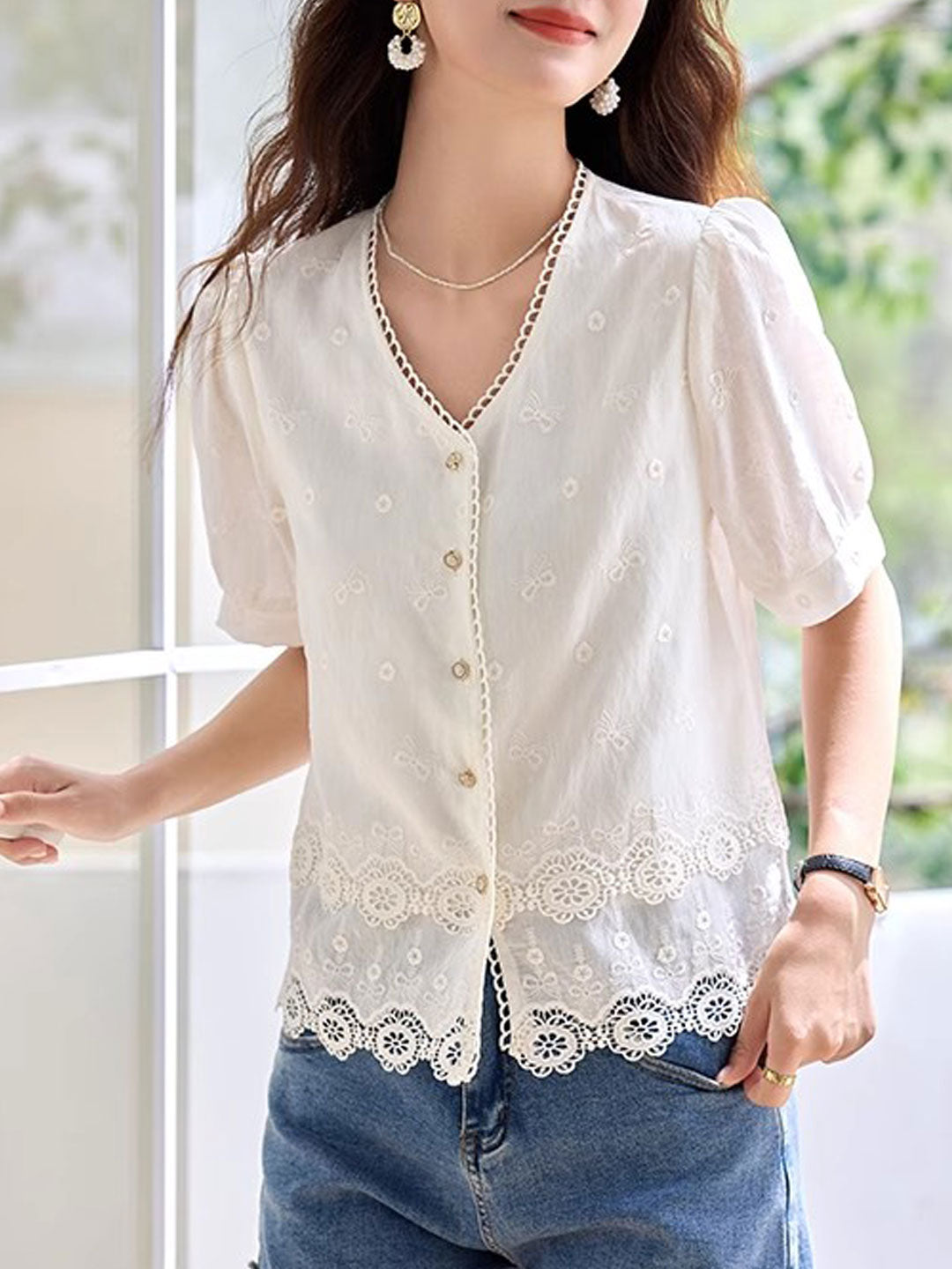 Maya Loose V-Neck Hollowed Lace Top