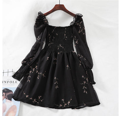 Sexy Flower Puff Sleeve Chiffon Black Dress