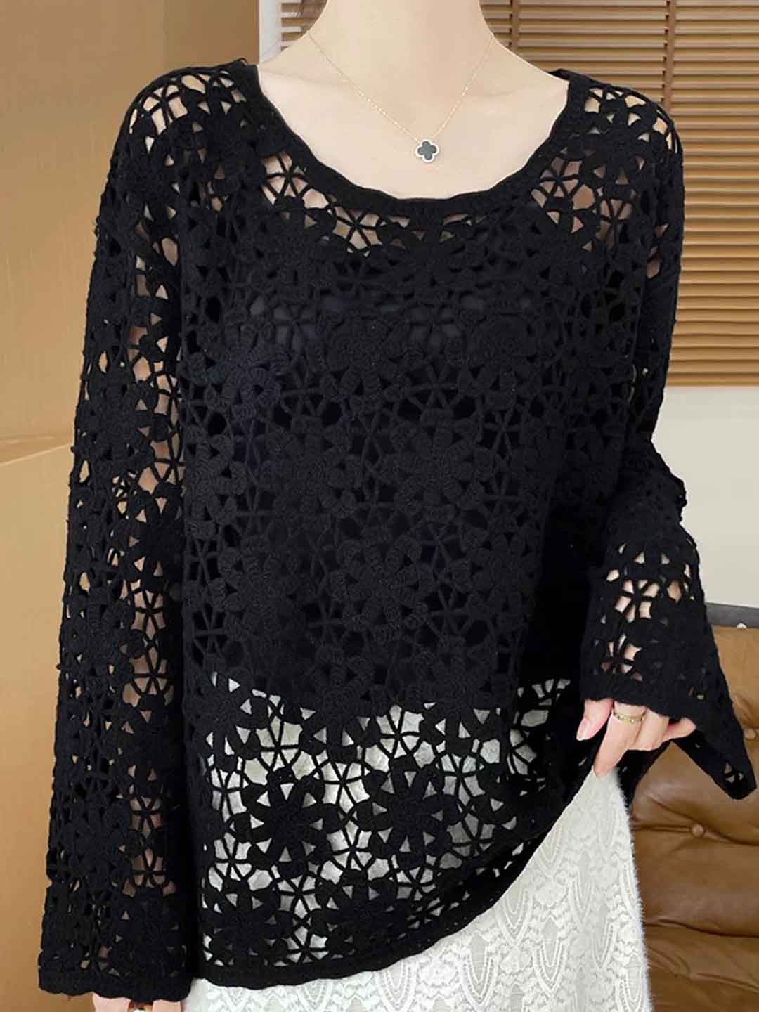 Olivia Vintage Crew Neck Embroidered Hollowed Top
