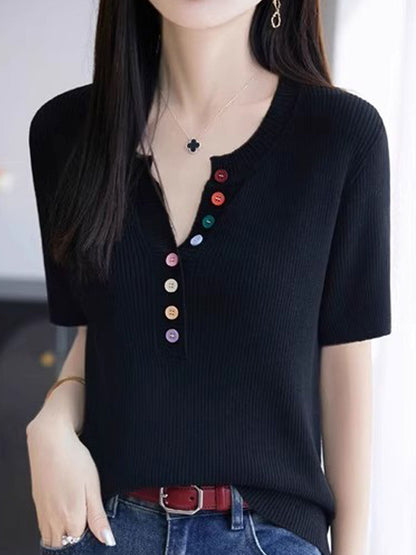 Mariah Loose Color Button Solid Color Top