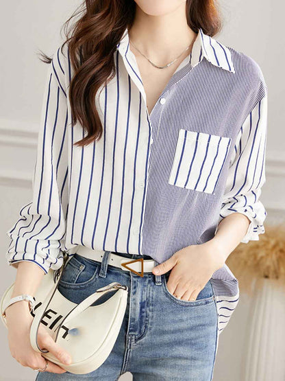 Khloe Loose Polo Collar Striped Patchwork Shirt