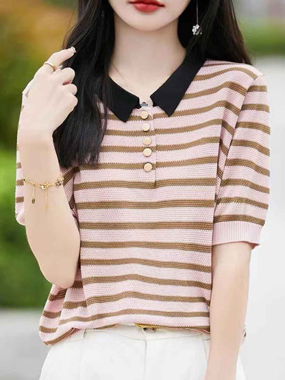 Julia Classic Polo Collar Striped Knitted Top
