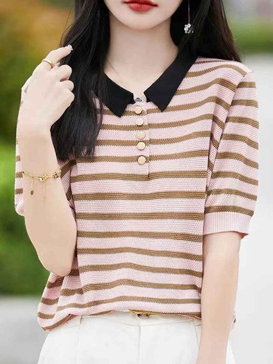 Julia Classic Polo Collar Striped Knitted Top