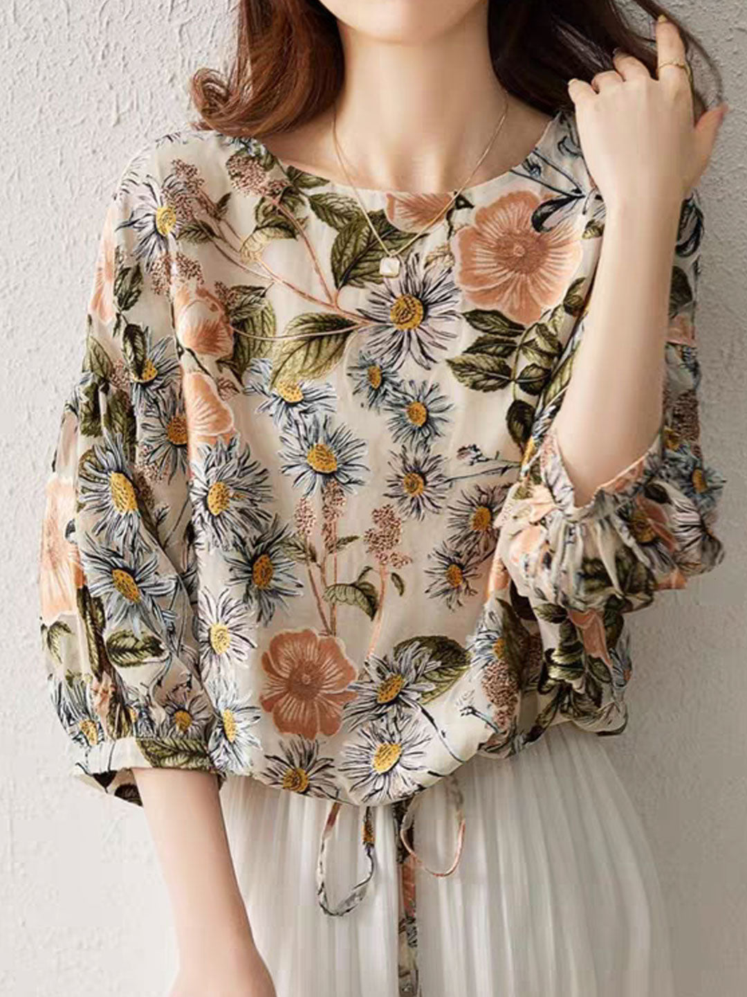 Mia Loose Crew Neck Puff Sleeve Printed Top