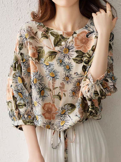 Mia Loose Crew Neck Puff Sleeve Printed Top