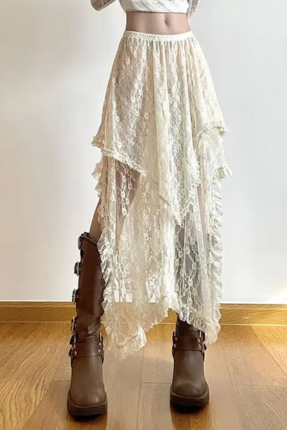 High Waist Vintage Lace Boho Asymmetrical Skirts