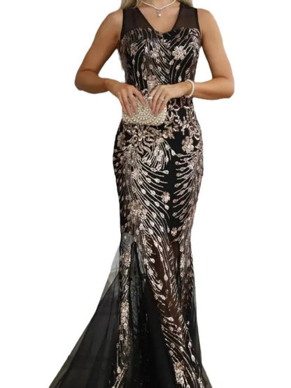 Sleeveless Sequins Mesh Formal Dress Banquet Maxi Dresses