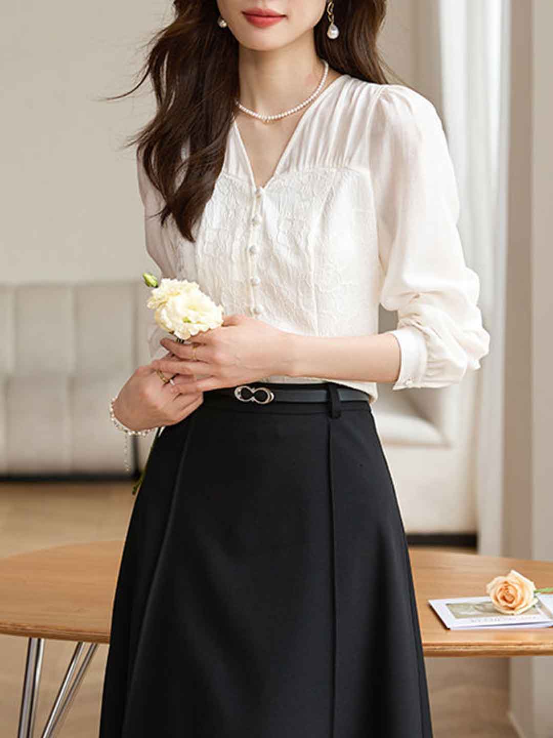 Mariah Classic V-Neck Jacquard Chiffon Shirt