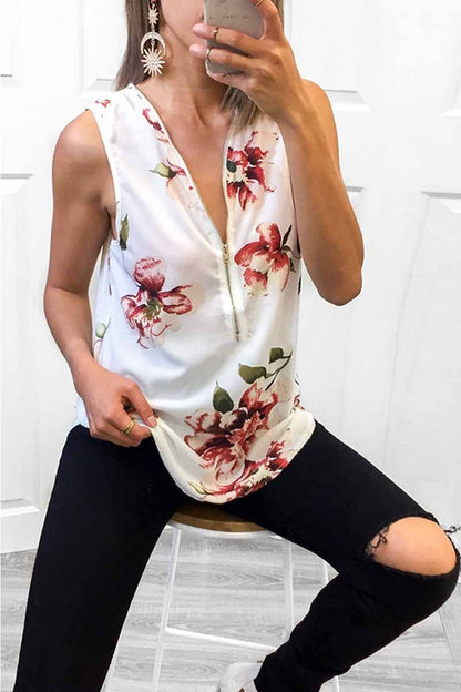 Summer Fashion Zipper Design Floral Tank Top