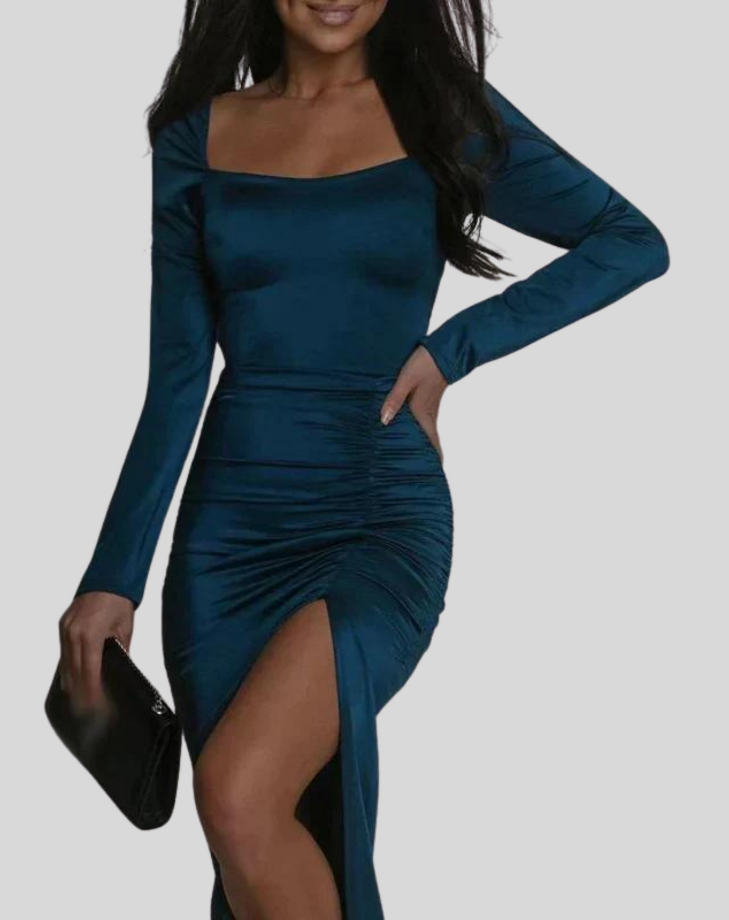 Vestido elegante de terciopelo con escote cuadrado y abertura para mujer | Ideal para primavera