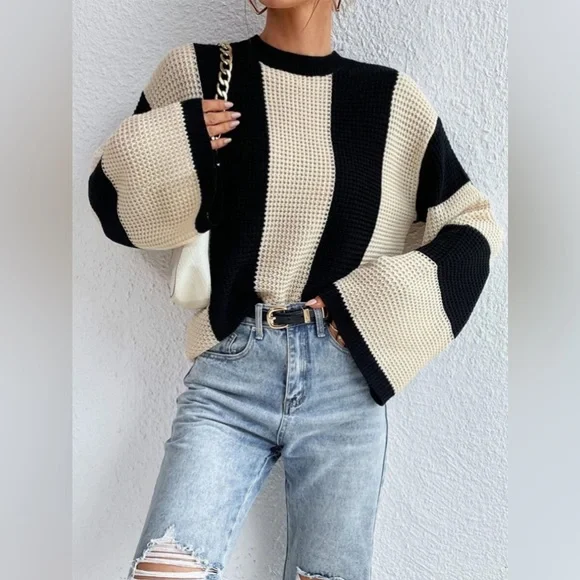 Elegante jersey de punto a rayas de gran tamaño para mujer | Ideal para otoño/invierno