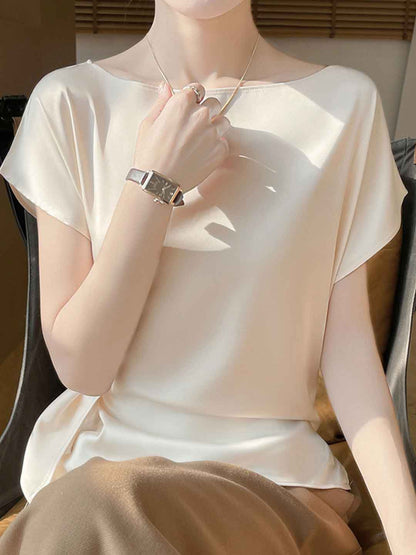 Madeline Loose Boat Neck Satin Solid Color Top