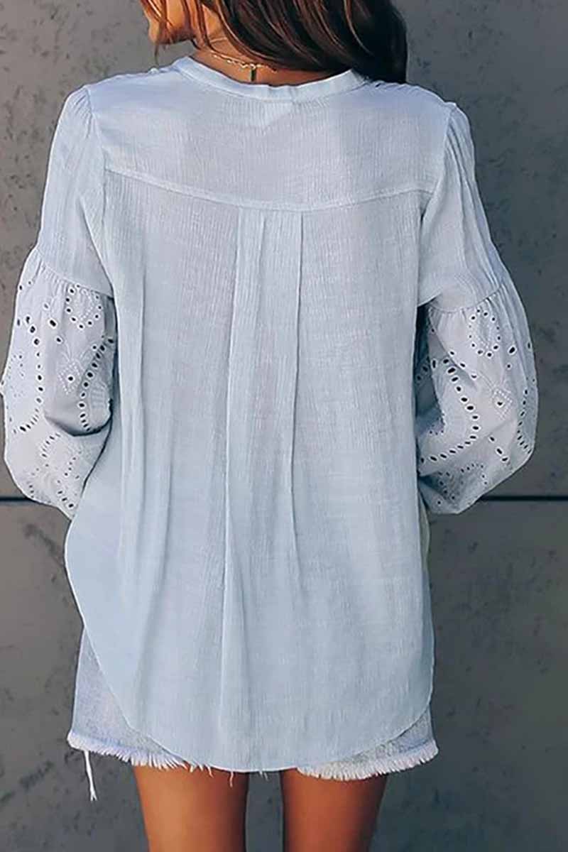V-Neck Single Breasted Loose Flared Long Sleeves Tops