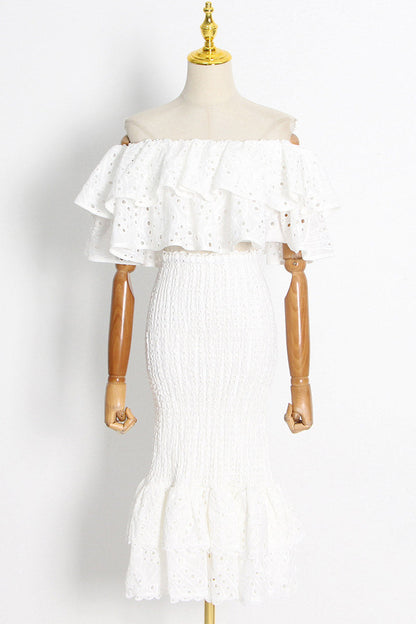 Conjunto de vestido largo con volantes escalonados y encaje bordado Dolly