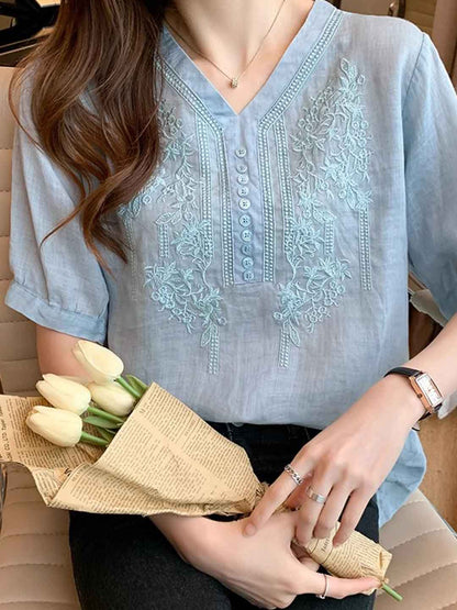 Layla Retro V-Neck Embroidered Top