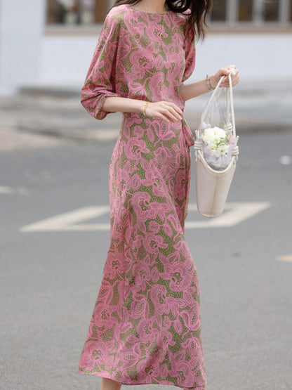 Mya Elegant Crew Neck Printed Tie Dress