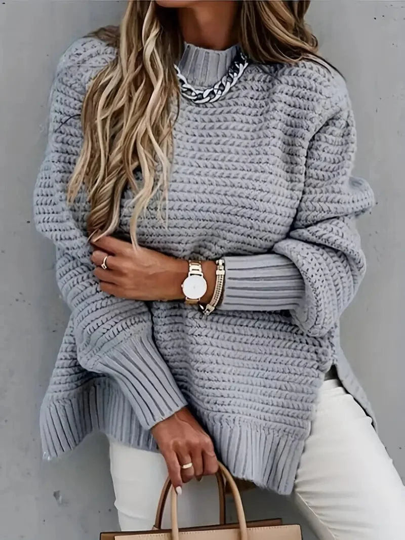 Jersey holgado de cachemira con cuello redondo y aberturas para mujer | Ideal para otoño/invierno