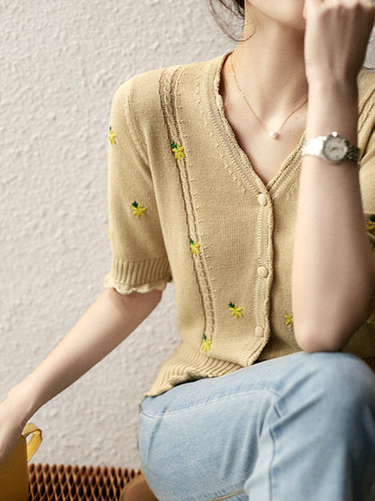 Emely Vintage Style Patterned V-Neck Embroidered Knitwear