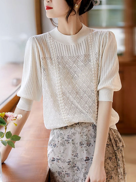 Hannah Retro Lantern Sleeve Diamond Knitted Top