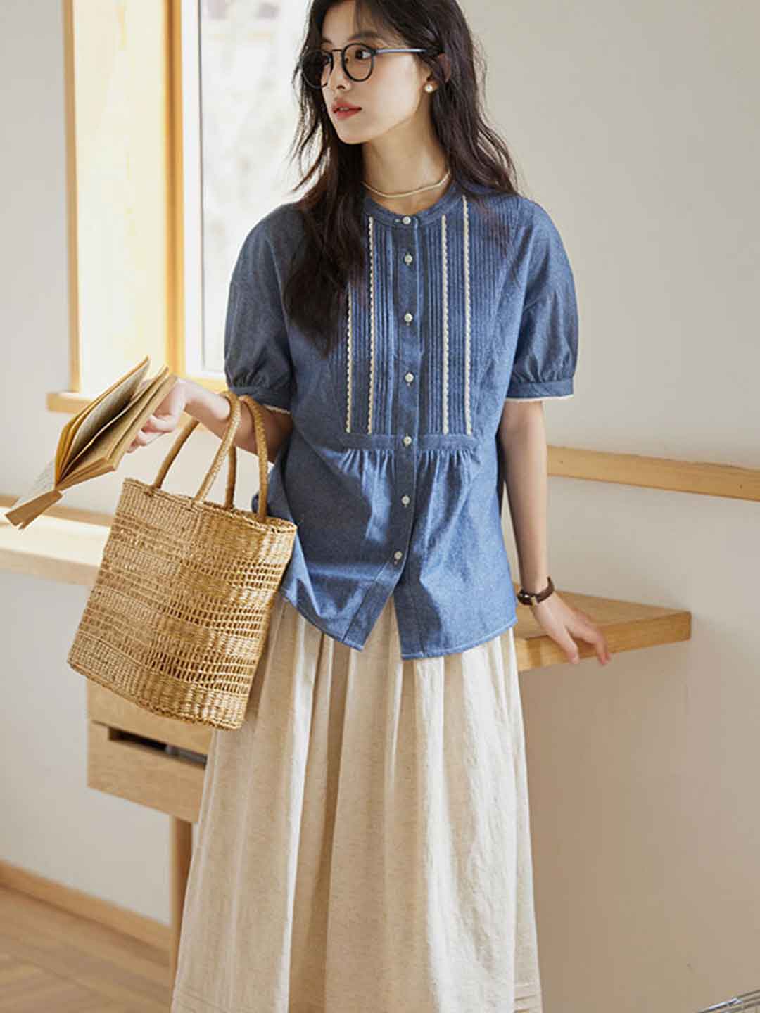 Mariah Loose Crew Neck Puff Sleeve Pleated Shirt