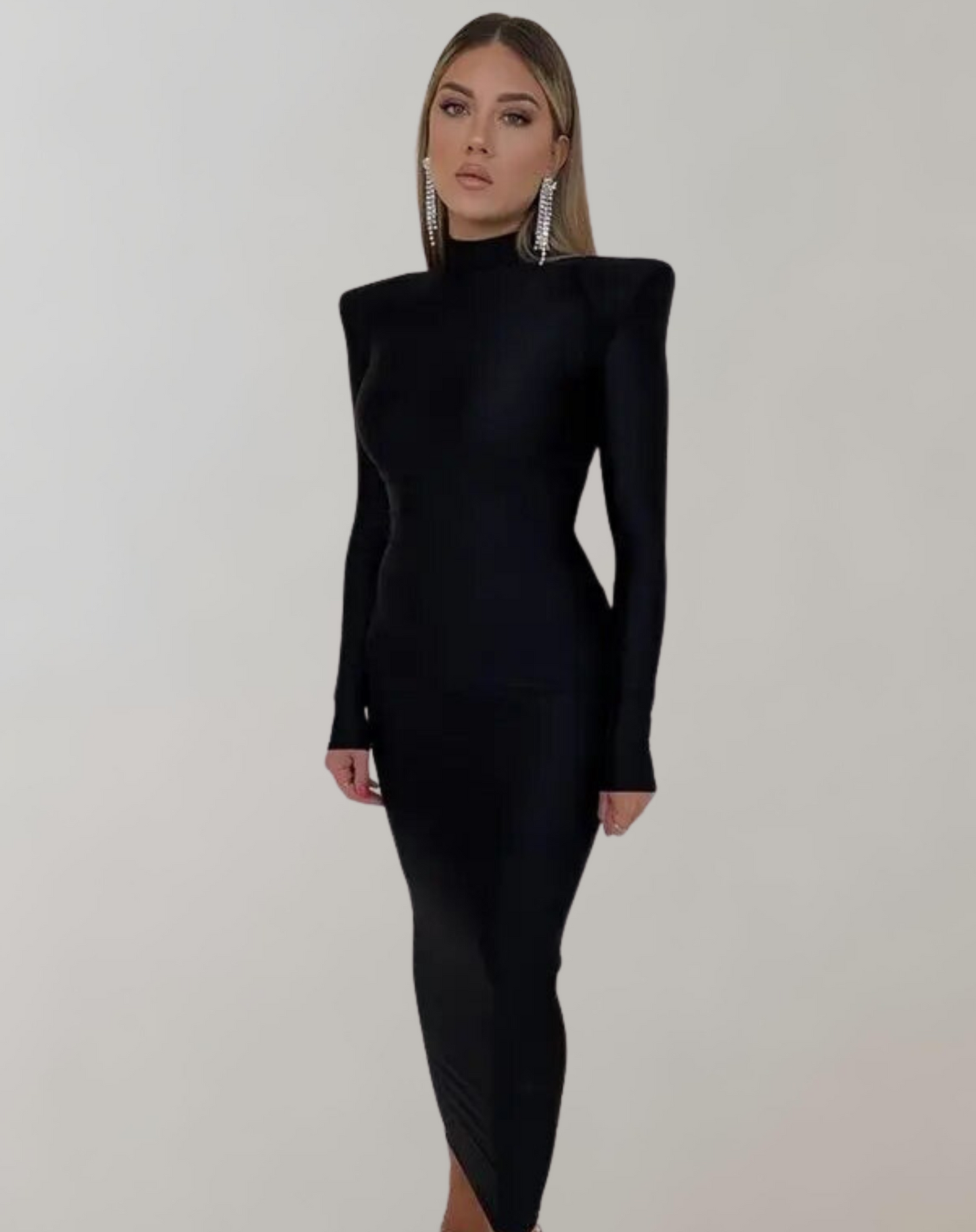 Women's Long Sleeve Maxi Dress with Turtleneck and Shoulder Pads