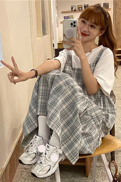 Square Collar Lovely Plaid Long Dress