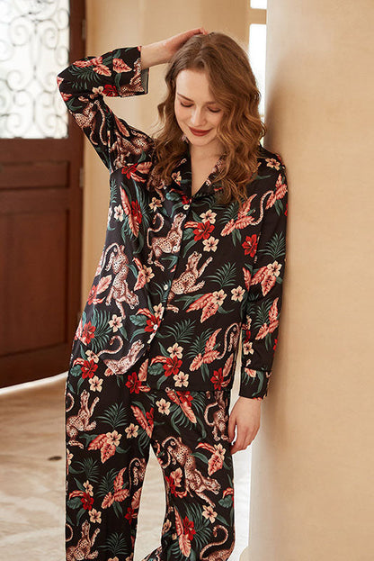 Conjunto de ropa de estar por casa de manga larga con estampado floral y de jaguar