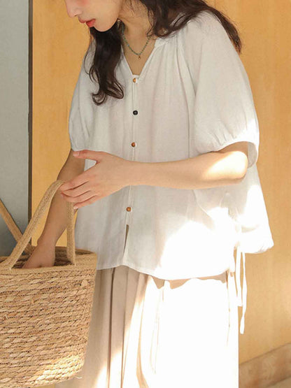 Paige Loose V-Neck Puff Sleeve Colorful Buttons Top