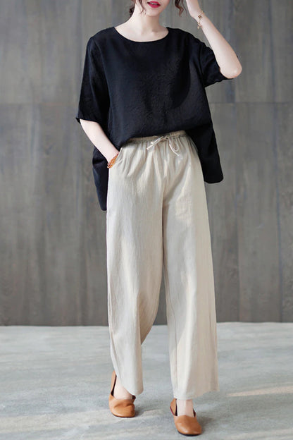 Cotton Linen Elastic Waist Colors Wide Leg Pants