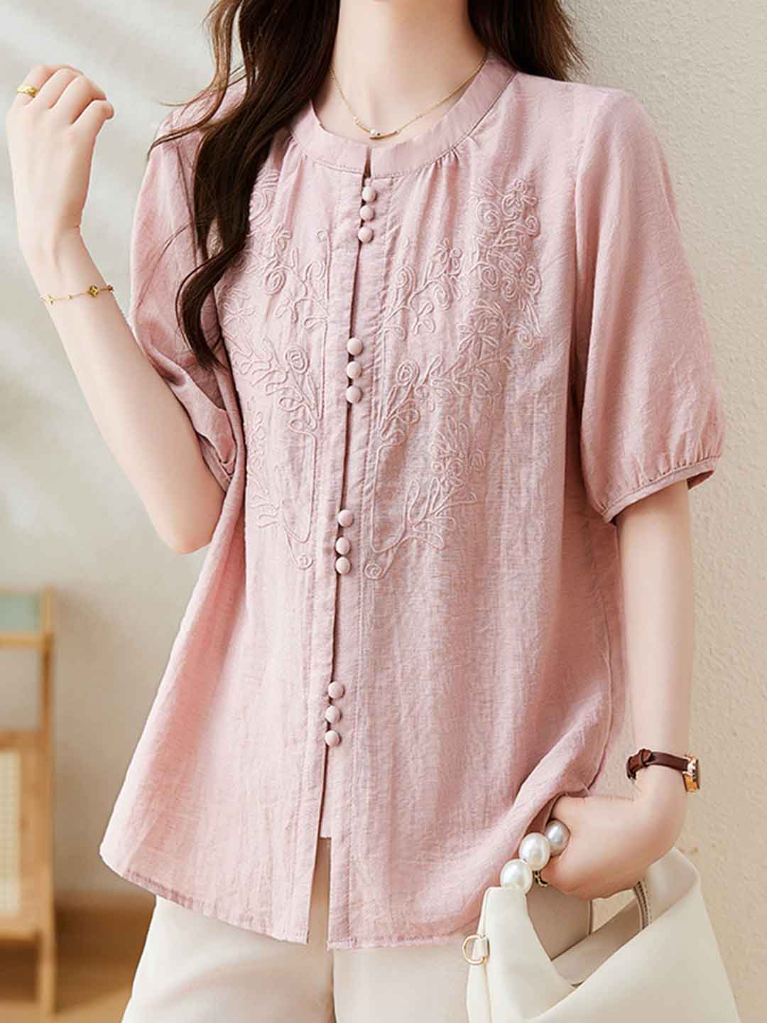 Maria Loose Crew Neck Solid Color Embroidered Top