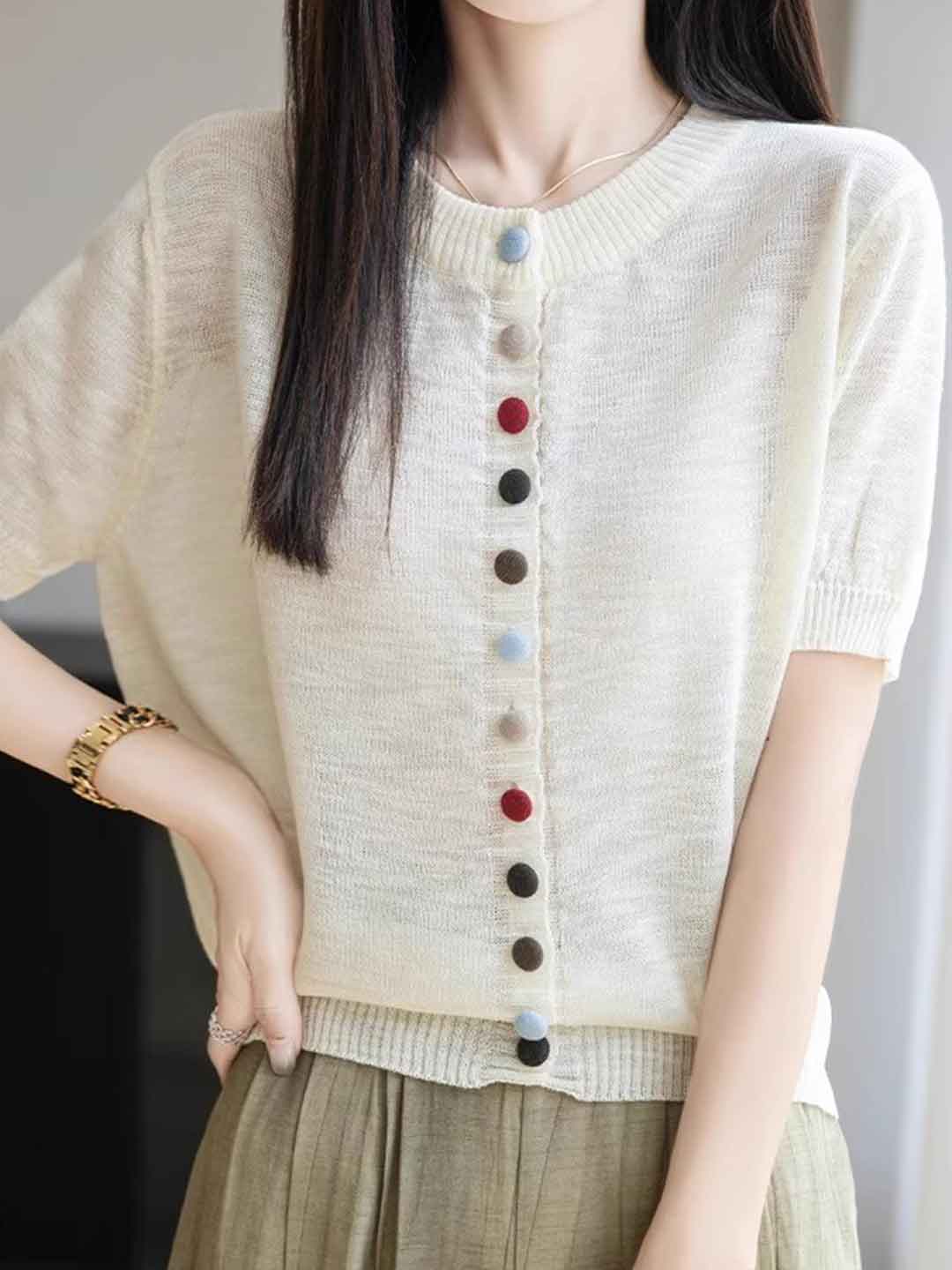Mariah Loose Crew Neck Colorful Buttons Knitted Top