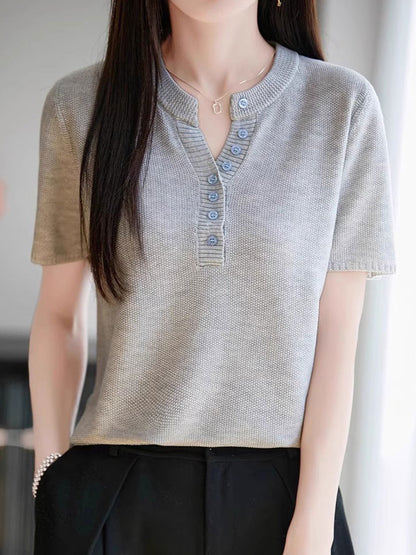 Selina Loose V-neck Solid Color Knitted Top