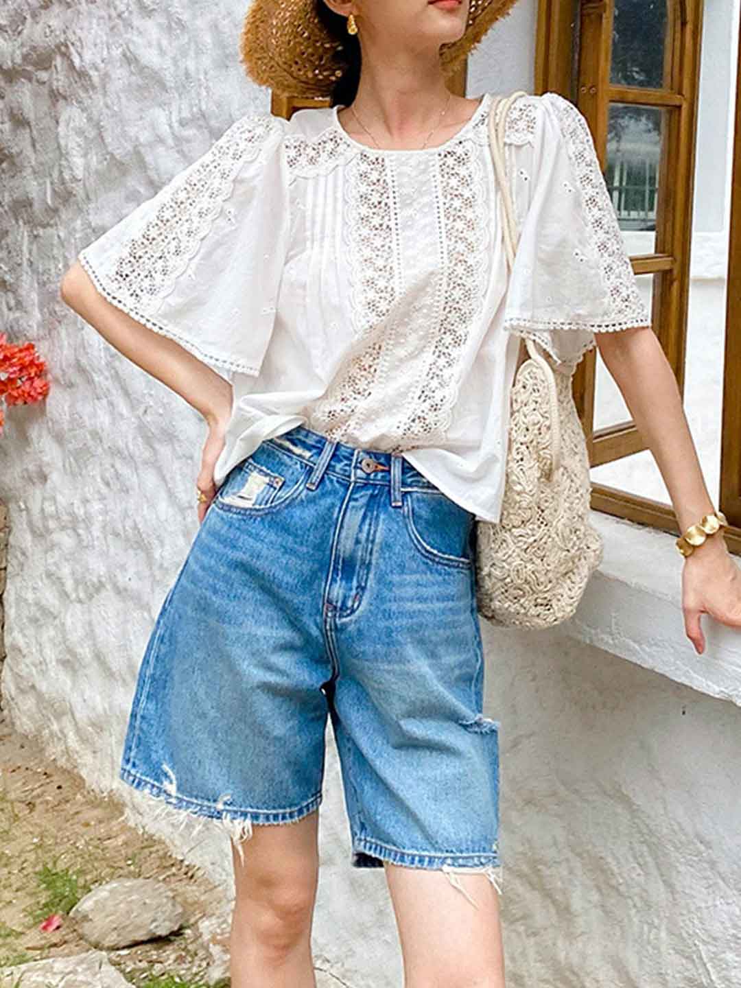 Zoe Loose Crew Neck Flare Sleeve Embroidered Top