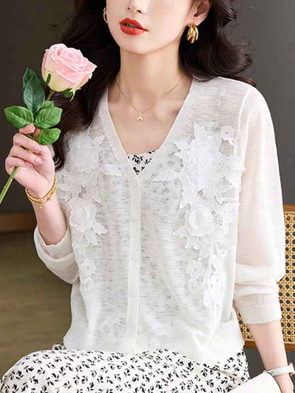 Zoe Elegant V-Neck Hollowed Embroidered Knitted Cardigan