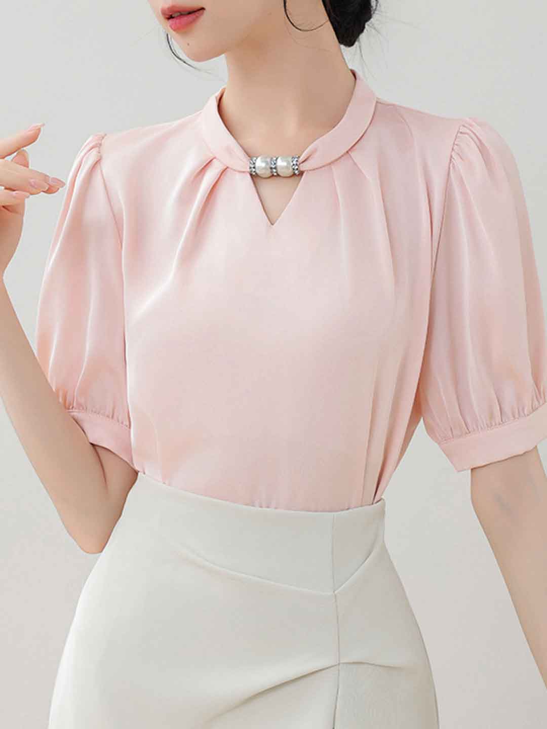 Morgan Classic Crew Neck Beaded Halter Satin Shirt