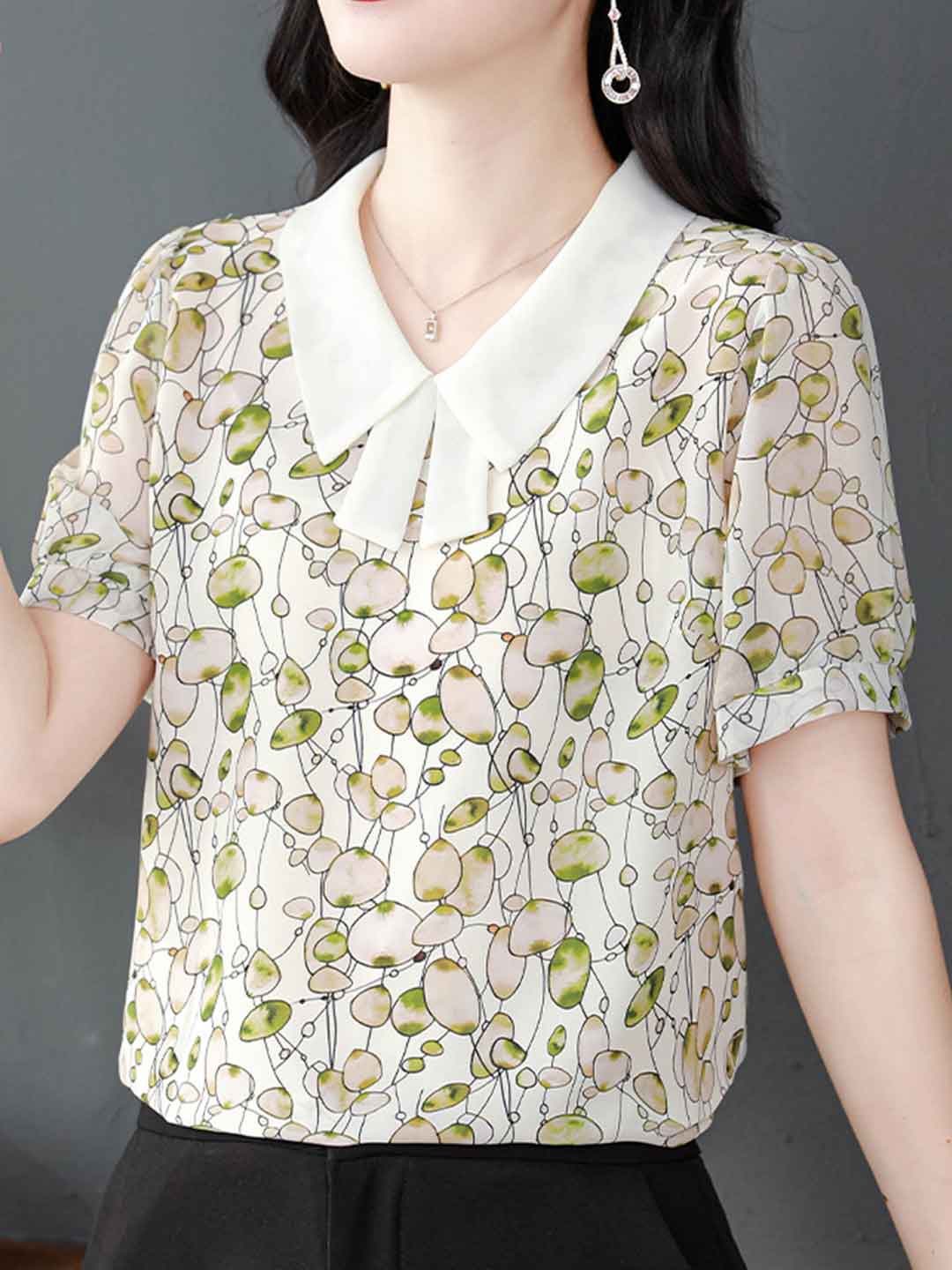 Mariah Classic Lapel Floral Printed Chiffon Top