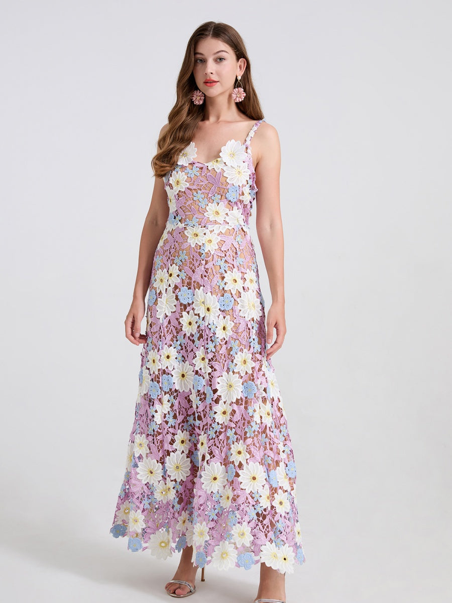 Lace Embroidery Spaghetti Strap Long Dress