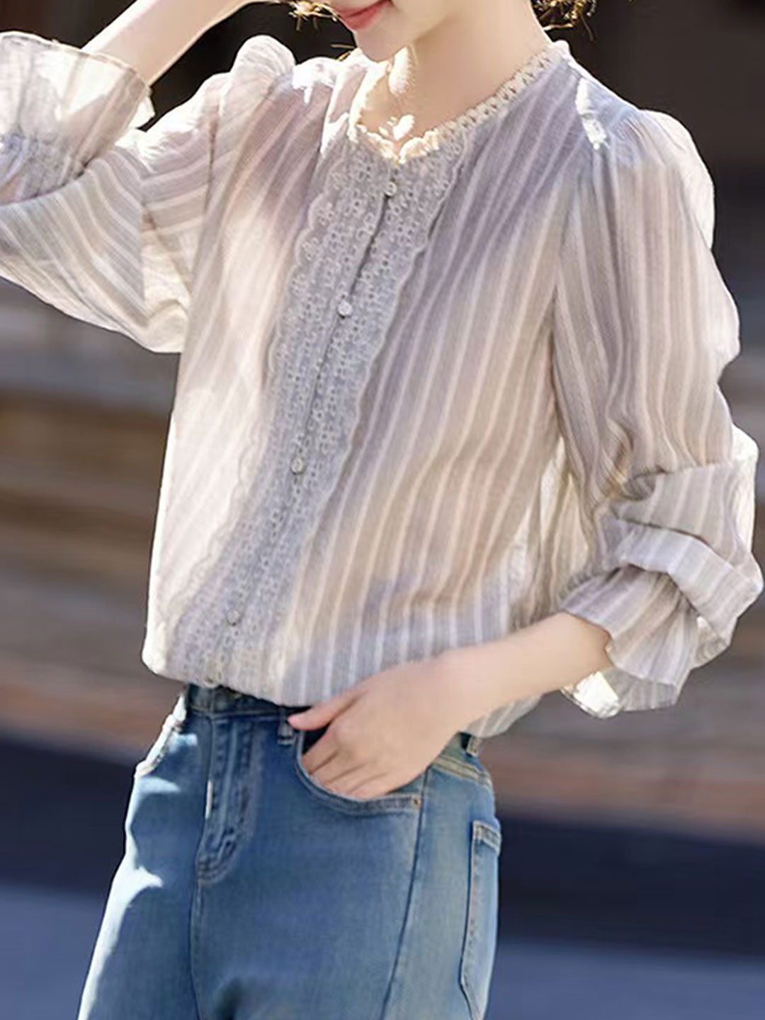 Jessica Vintage Mesh Embroidered Striped Lace Shirt