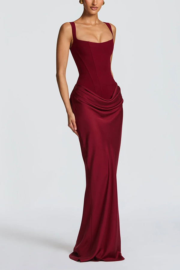 Larrah Square Neck Back Lace-up Satin Drape Hem Maxi Dress