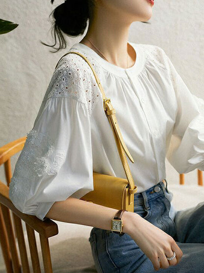 Zoey Classic Crew Neck Lantern Sleeve Embroidered Top