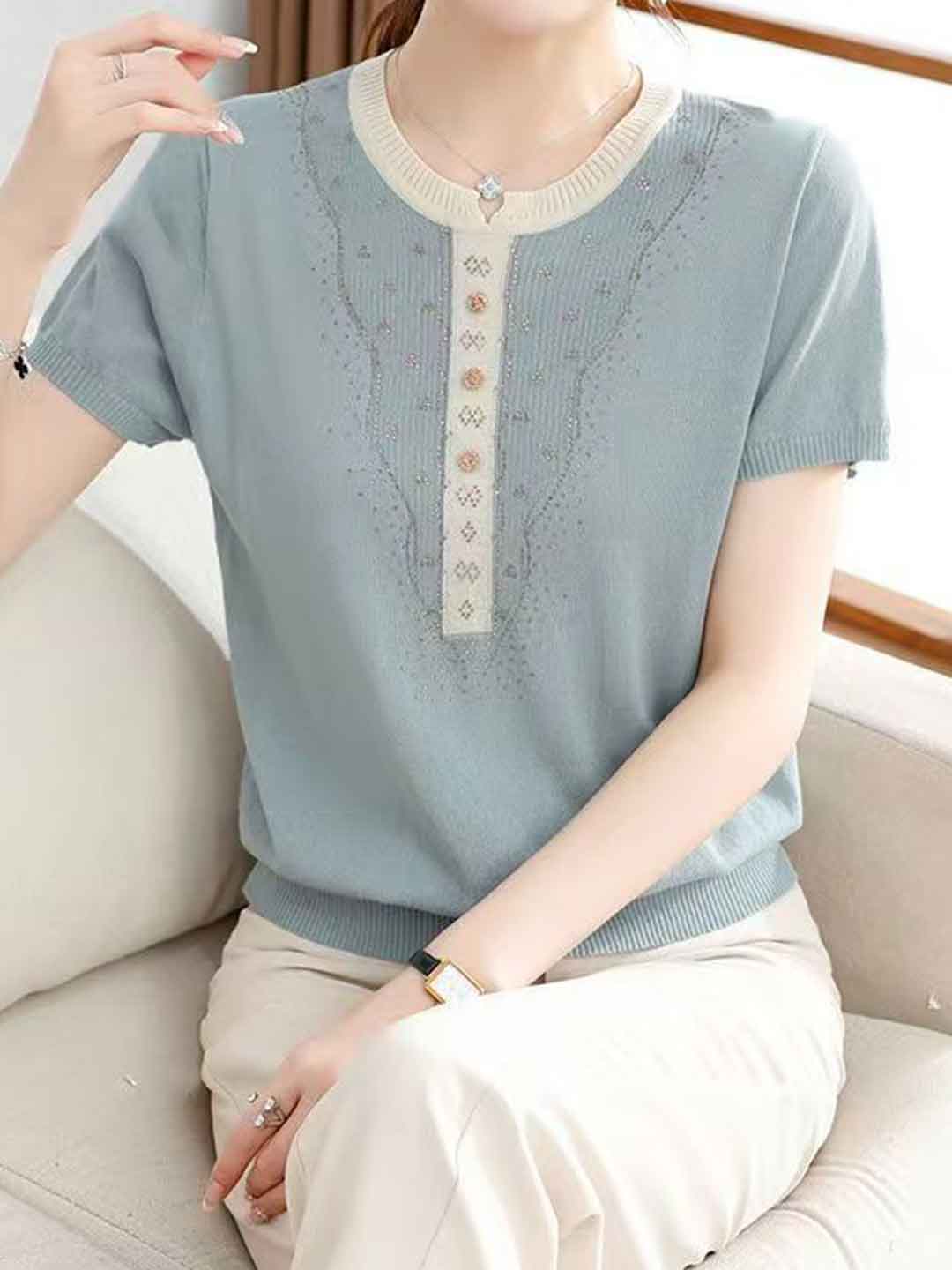 Layla Loose Crew Neck Rhinestone Knitted Top