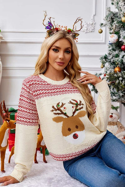 Suéter de punto bordado con cuello redondo navideño 