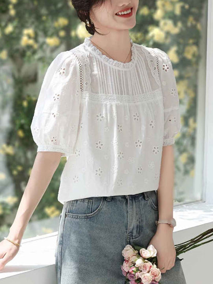 Isabelle Loose Auricular Puff Sleeve Hollowed Blouse