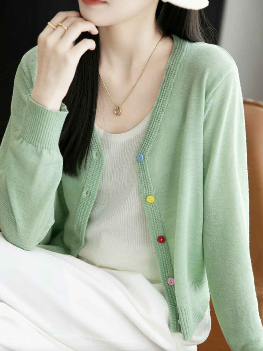 Mariah Classic V-Neck Colorful Buttons Knitted Cardigan